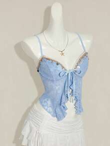 SHEIN ICON Women's Knotted Design Sequin Ruffle Hem Asymmetrical Hem Fashionable Versatile Date Night Camisole Top - Baby Blue - View 7