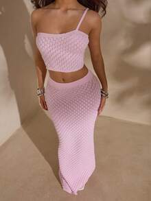 SHEIN Glamour Set de 2 piezas de suéter elegante de punto rosa para mujer, conjunto de suéter estilo playa - Rosa - Ver 5