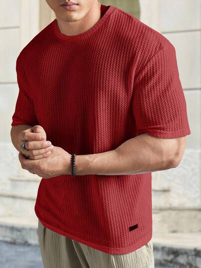 HIMLAND Men Summer Solid Loose Fit Waffle Knit Tee,Men's Burgundy Waffle Weave T-Shirt ,Summer Breathable Textured Crew Neck Tee ,Solid Color  Short Sleeve ,Casual Streetwear Thermal Look Top ,Relaxed Fit Maroon Honeycomb Shirt ,Basic Essential Textured Tee For Men ,Soft Touch Moisture Wicking Waffle Top ,Men's Waffle Knit T-Shirt,Breathable Textured Summer Casual Top,Burgundy Streetwear Essential,Men's Knitted Short Sleeve,Summer Casual Top,Vintage Style Tee,Vintage Style Tee