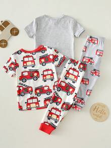 SHEIN 4pcs Snug Fit Baby Boy Cute Casual Home Clothes Set, Knitted Cartoon Pattern Short Sleeve T-Shirt & Elastic Waist Pants Pajamas - Multicolor - View 2