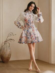 Anewsta Women's New Fashionable Sweet Retro Romantic Niche Design Lantern Sleeve Printed Mini Dress, Suitable For Vacation & Dates - Multicolor - View 7