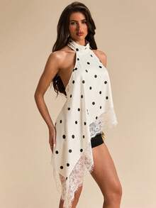 Top de satén con escote halter y espalda descubierta con aplicaciones de encaje, adecuado para fiestas, cócteles, ocasiones formales, Navidad y vestimenta casual de negocios - Blanco 2 - Ver 4