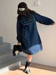 DAZY 女童牛仔领长袖连衣裙 - 藍色 - 查看 6