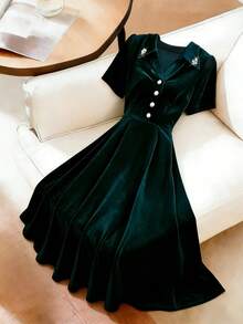Franclia Women's Velvet Polo Collar Rhinestone Embellished Elegant Dress In Dark Green,Autumn Long-Sleeved Casual Formal Gown For Dining,Wedding Guest,Party - Green - View 1