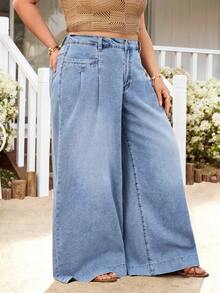 EMERY ROSE Plus Size Women's Spring/Summer Pocketed Button Pleated Loose Fit Casual Denim Wide Leg Pants Summer - Medium Wash - View 5