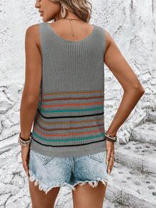 SHEIN LUNE Women's Colorful Striped V-Neck Casual Loose Knit Vest - Grey - View 2