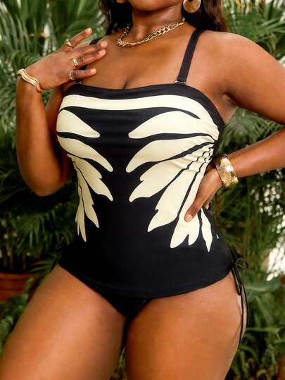 Slaydiva 2pcs Plus Size Women Set, Printed Bandeau Top With Drawstring And High Waist Patchwork Bikini Bottom
