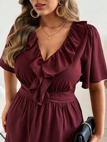 Ceyna Plus Size Women Burgundy Summer Elegant Graduation Wedding Shirred Ruffle Vintage Waist Adjustable Pleated A-Line Flare Sleeve Short French Dress - Burgundy - View 3