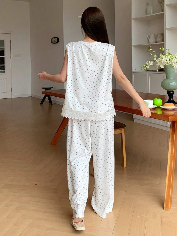 Summer Floral Lace Patchwork Sleeveless Women Pajama Set