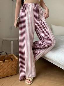 DAZY Plaid & Striped Patchwork Loose Women Pajama Bottoms - Red - View 7