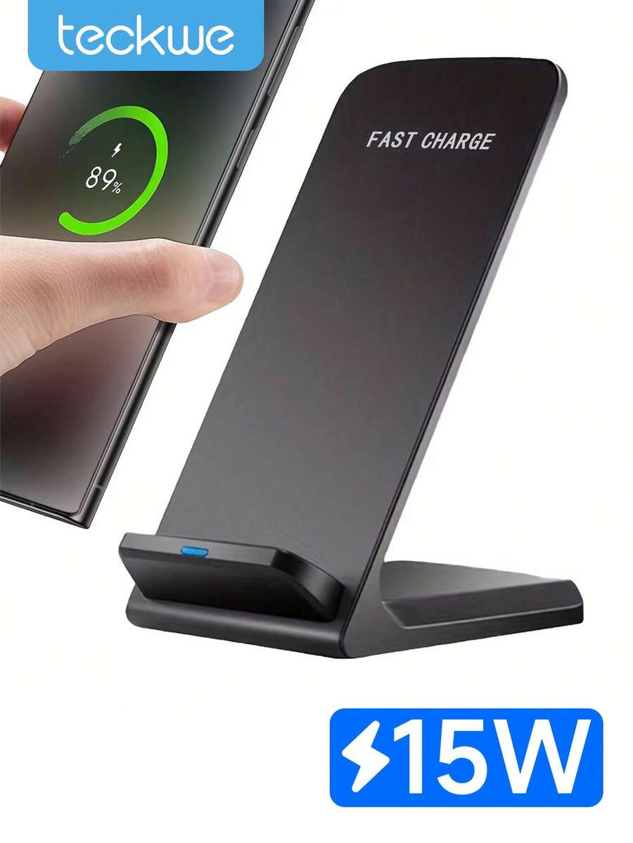 Teckwe 15W 快速无线充电器，无线充电支架，兼容 17/17 Air/16/15/15 Pro/15 Plus/15 Pro Max/14/13/12，以及 Galaxy S25/S24/S23/S22/S21 和支持 Qi 无线充电的手机 - 黑色 - 查看 1