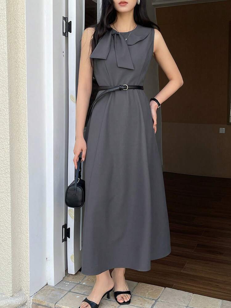 Women's Solid Color Bow Decor Round Neck Sleeveless Elegant Office Dress