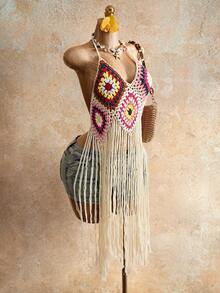 Mistrie 女士针织吊带背心，性感手工流苏镂空针织细肩带背心，适合夏季度假 - 彩色 - 查看 1