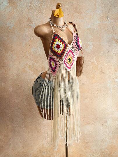 Mistrie Women's Knitted Camisole Top, Sexy Handmade Tassel Hollow-Out Knitted Spaghetti Strap Vest For Summer Vacation