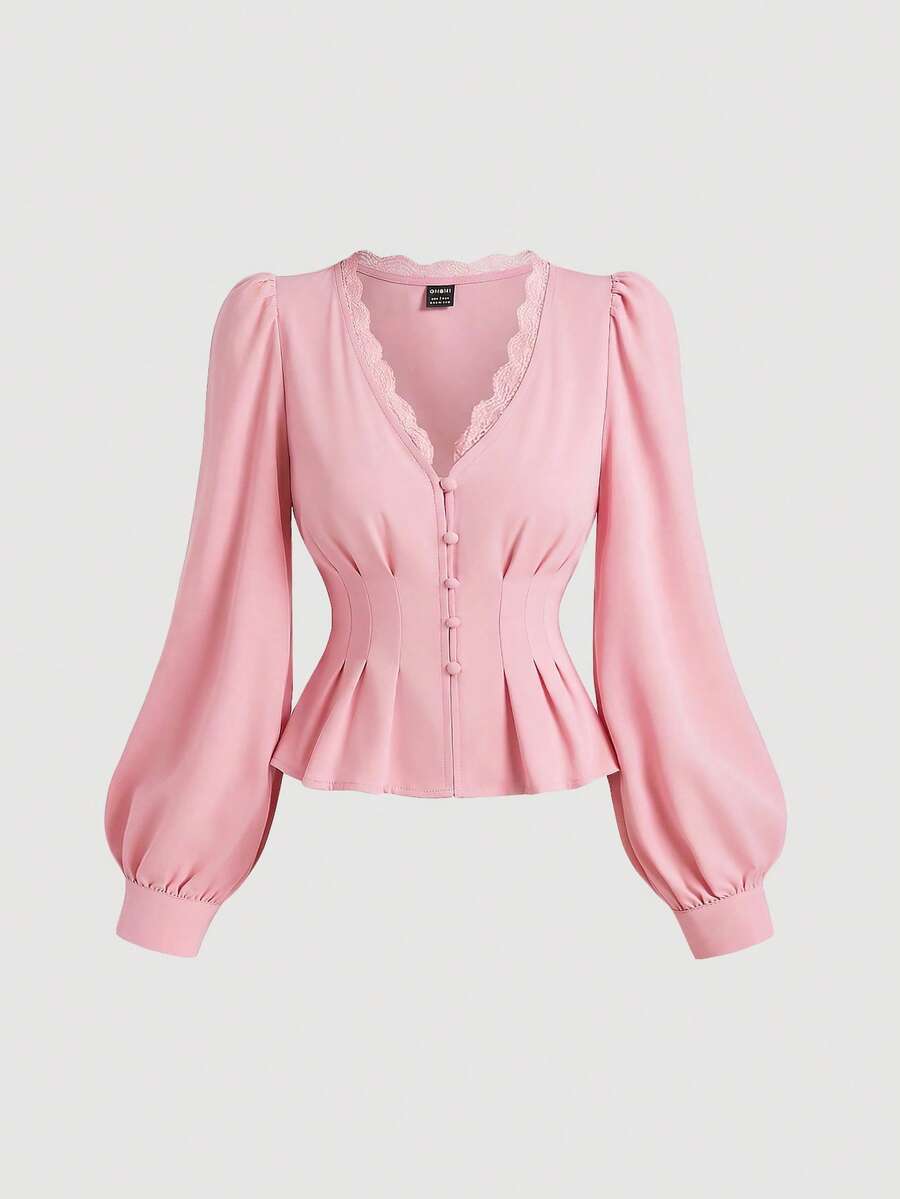SHEIN MOD Elegante Damenweste mit Spitzeneinsatz und Ballonärmeln in Weiß, Herbst, elegant, vintage, taillenbetont, französischer romantischer Stil, elegant - Pink - Übersicht 1