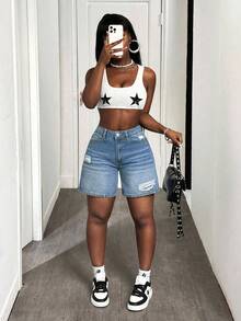 SHEIN CURVE+ Quần short denim rách màu xanh dương gợi cảm dành cho nữ cỡ lớn, thích hợp cho mùa hè. - Rửa trung bình - Xem 6