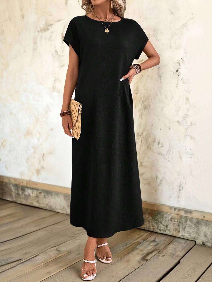 Faunlyn Vestido túnico unicolor de manga murciélago - Negro - Ver 1