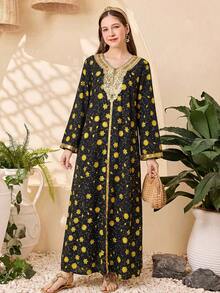 SHEIN Kids Teen Girl Floral Print Pattern Gold Ribbon Loose Casual Dress Embroidered Neckline Dress Long Modest Dresses Black And Yellow Dress Floral Print Dress Embroidered Dress Black Gold Dress Sunflower Floral Print Dress Ladies Floral Dress Black Dress With Yellow Flowers Ladies Dress Long Sleeve Dress,Kids - Black - View 3