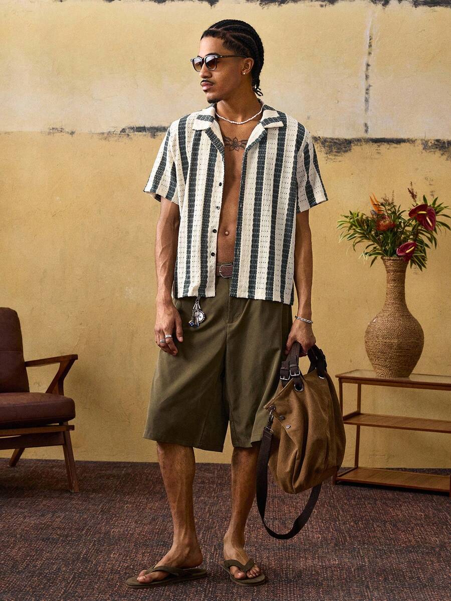 ROMWE MEN 男士领条纹休闲度假衬衫 - 彩色 - 查看 1