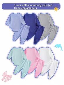 [3 Sets] Recién nacido unicolor Casual Cómodo Mono de manga larga y pantalones Conjunto de pijama de 2 piezas, adecuado para todas las estaciones - Multicolor - Ver 2