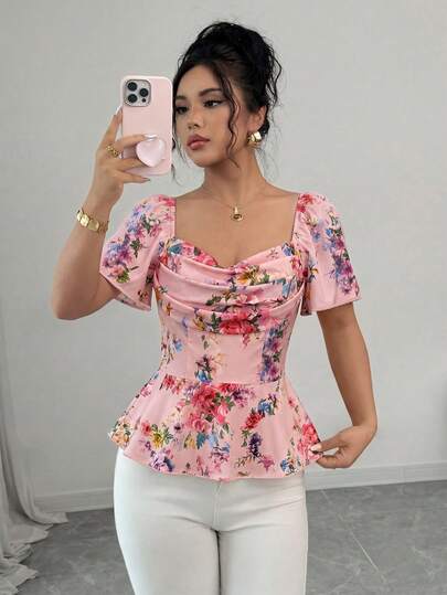 Elenzga بلوزة نسائية مطبوعة بطبعة زهرية رومانسية أنيقة مع طوق مكشكش مناسب