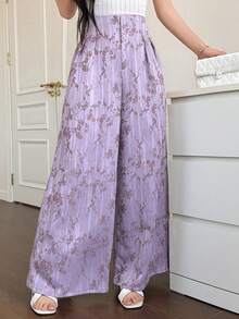 DAZY Women's Elegant Floral Print Wide Leg Maxi Pants, Spring/Summer - Purple - View 5