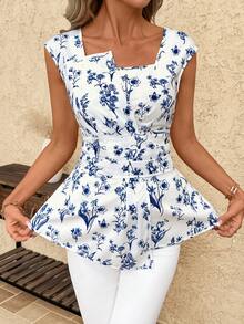 SHEIN Clasi 女士无袖碎花翻领衬衫，收腰设计，优雅百搭，适合度假、外出和聚会，春夏皆宜 - 藍白色 - 查看 6