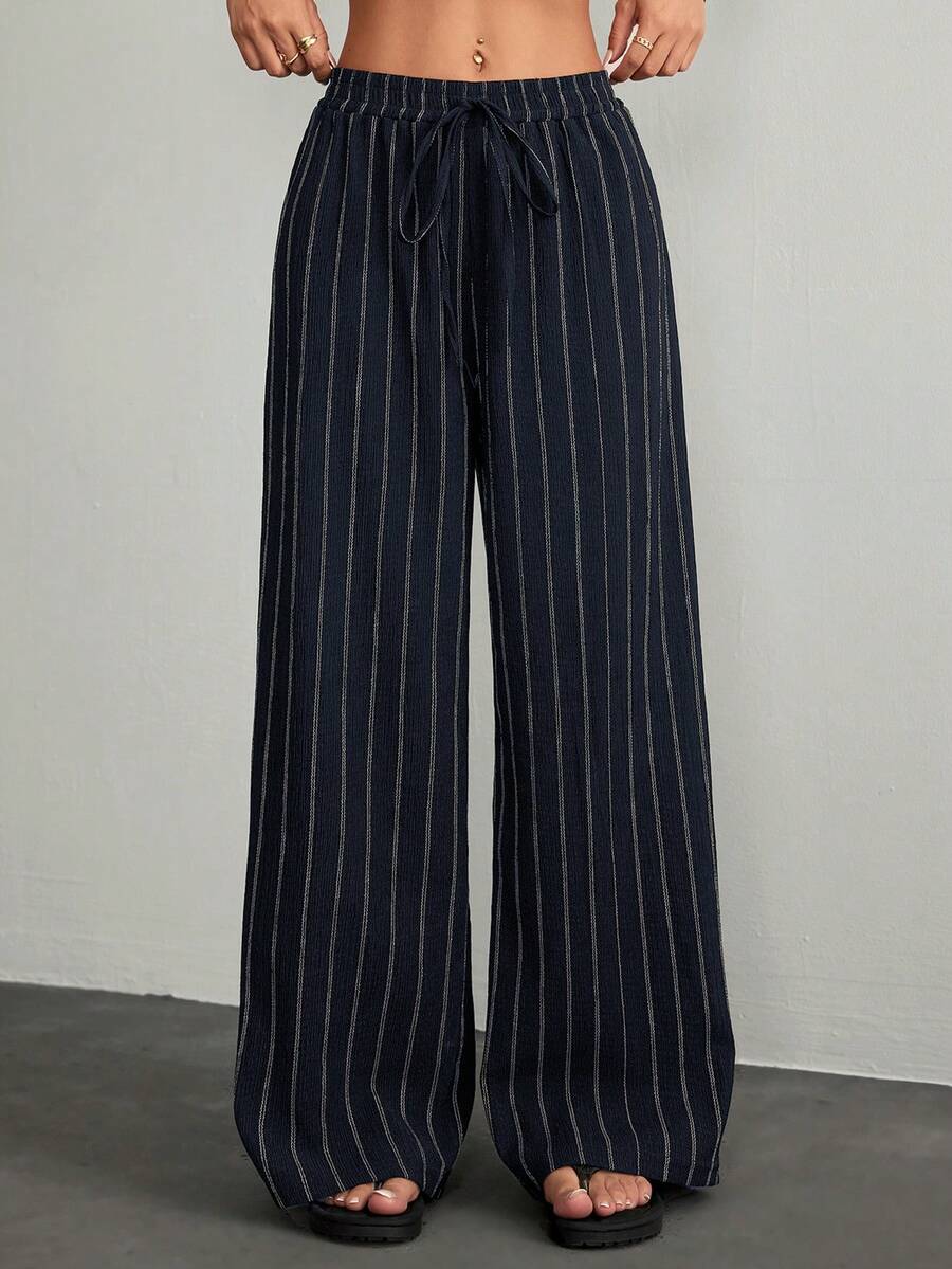 SHEIN PETITE Women's Tie Waist Striped Wide Leg Loose Casual Pants - Navy Blue - View 1