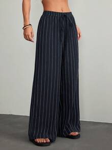 SHEIN PETITE Women's Tie Waist Striped Wide Leg Loose Casual Pants - Navy Blue - View 6