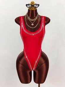 Amplova Body sexy con escote bajo y espalda descubierta con adornos de strass para mujeres - Rojo - Ver 5