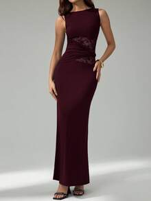 SHEIN Tall Damen Schwarzes Elegantes Spitzen-Stich Lange Kleid, Elegante Damenkleider, Partyoutfits, Neujahrsoutfit, Neujahr, Sommer, Große Frauen - Rot-violett - Übersicht 6