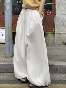 DAZY 女士宽松白色休闲裤，抽绳腰带，户外街头度假风，设计口袋，哈伦裤，春夏款 - 白色 - 查看 2