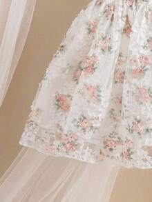 SHEIN 女婴优雅可爱碎花网纱无袖宽松连衣裙，夏季 - 粉色 - 查看 5