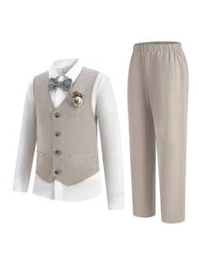 SHEIN Teen Boy 3-Piece Suit: Khaki Vest, Elastic Waist Pants, Bow Tie & Long Sleeve Shirt, Gentleman Style, Spring/Summer In Fall/Winter - Multicolor - View 3
