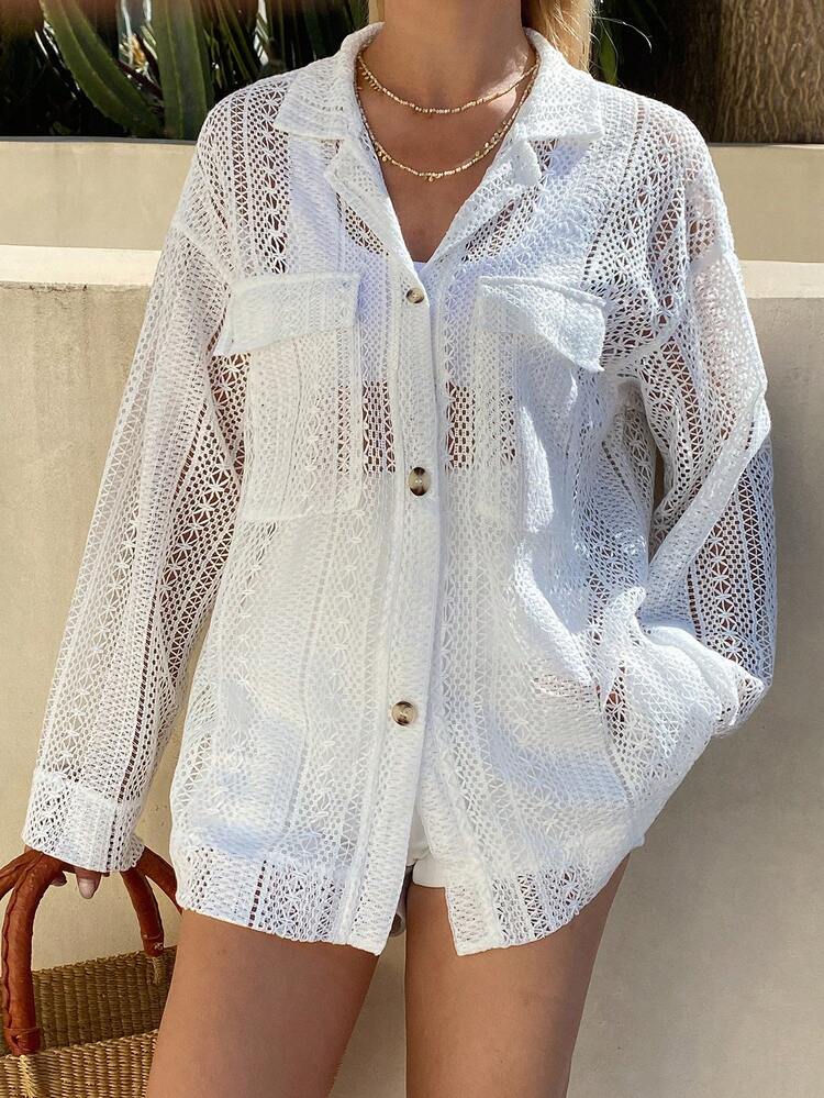 Solid Color Textured Hollow Out Loose Turndown Collar Long Sleeve Casual Vacation Summer Blouse For Women