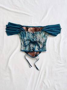 Top con estampado de jacquard floral colorido y estilo vintage palaciego con botones y lazo en la espalda, elegante para vacaciones y citas.Crop top hombros descubiertos, tropical, ve - Multicolor 7 - Ver 2