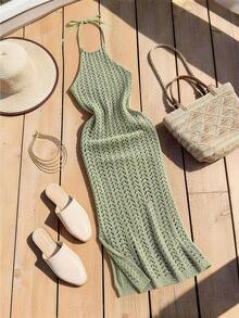Franclia 新款夏季欧美性感薄荷绿镂空针织长裙，修身开衩设计，3D立体钩编纹理，法式优雅成熟风情，适合海滩、度假、约会、晚宴等场合，是提升整体氛围的时尚单品。 - 綠色 - 查看 4