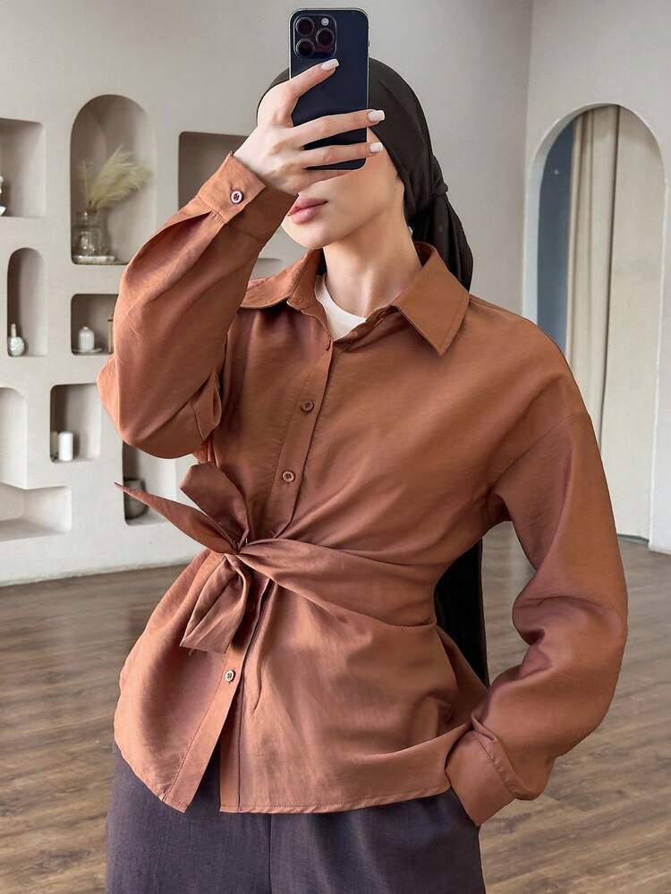 Women's Elegant Solid Color Tie-Front Blouse, Spring/Summer