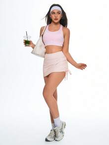 SHEIN Sovereign Charm 女士修身侧褶纯色网球裙短裤 - 粉色 - 查看 3