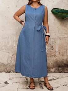 EMERY ROSE 大码女式圆领侧打结无袖牛仔连衣裙 - 藍色 - 查看 4