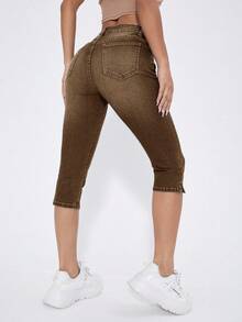 SHEIN Frenchy Women's Solid Color Minimalist Everyday Skinny Capri Length Jeans - Brown - View 2