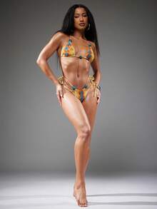 NYA SZN 女士性感蛇纹印花串珠打结露背吊带开衩比基尼套装，夏季海滩度假 - 彩色 - 查看 3