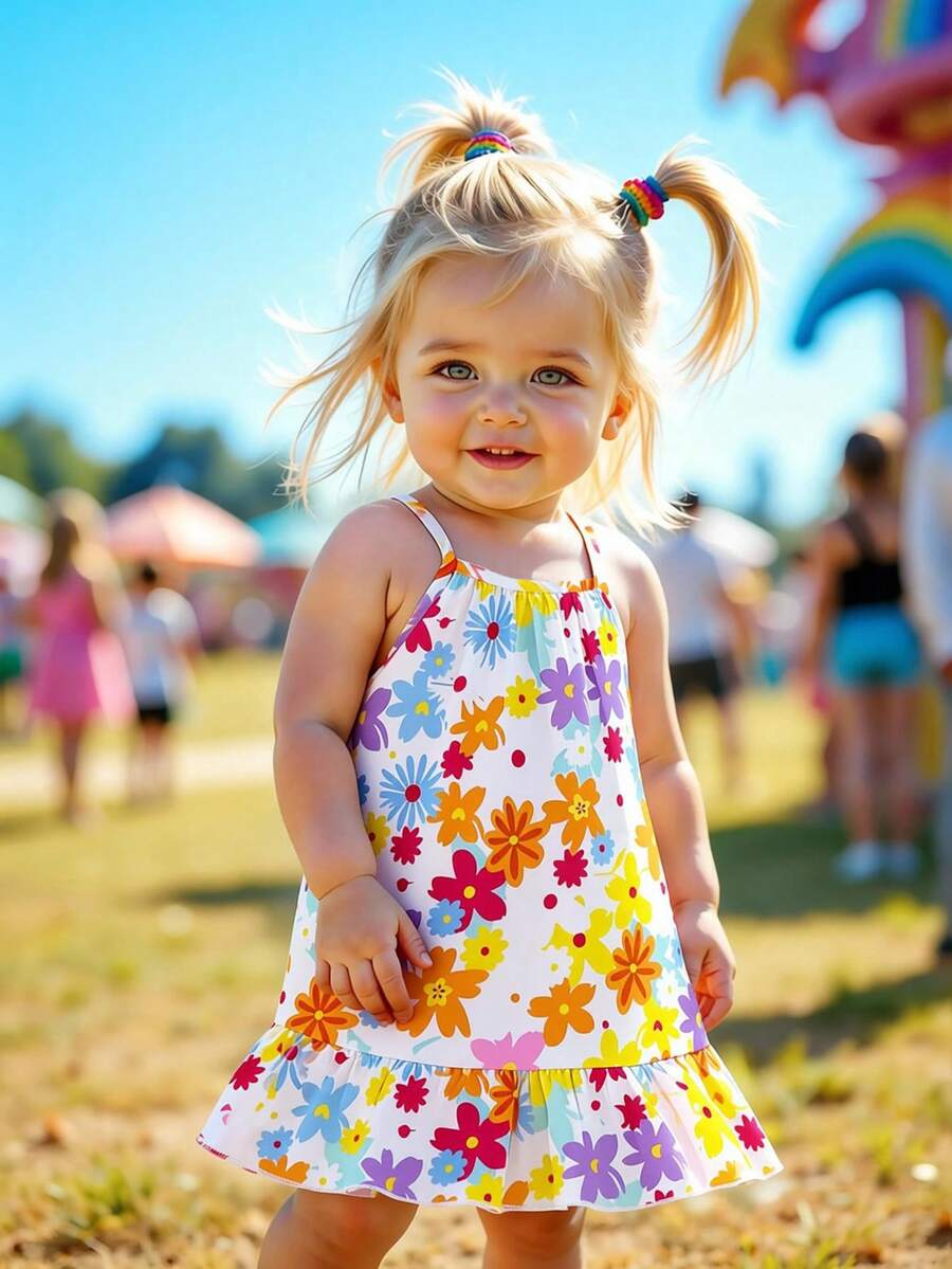SHEIN Playful Pals 女嬰無袖洋裝，鮮豔白色花卉印花，可愛夏季度假女童套裝，可調節肩帶，活潑清新之選