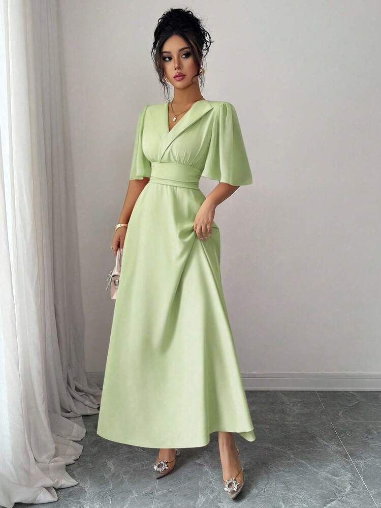 Elenzga Nouvelle conception Robe élégante décontractée pour femmes avec col, taille plissée, patchwork en mousseline de soie, manches à volants, pour vacances et usage quotidien - Vert menthe - Voir 5