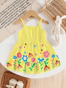SHEIN Playful Pals 女婴彩色花卉瓢虫印花针织撞色条纹吊带连衣裙，夏季 - 彩色 - 查看 3