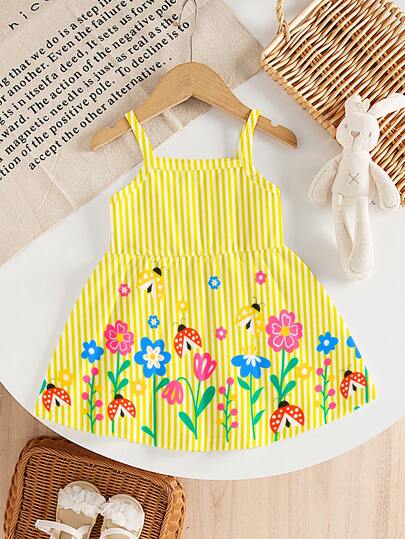 SHEIN Playful Pals Baby Girl Colorful Floral & Ladybug Print Knit Contrast Striped Cami Dress, Summer