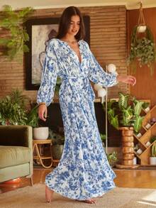 Lullawish 波西米亚风纯色素描树枝和鸟儿印花舒适棉质灯笼袖宽松长款女士睡裙 - 彩色 - 查看 3