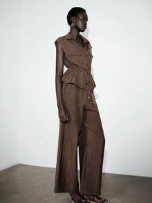 Lumivelle Women's Shirt Collar Faux Pocket Cinched Waist Top + Elastic Waist Wide Leg Pants 2 Pieces Set Brown Set Women - Brown - View 5