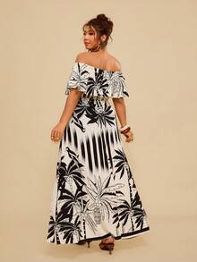 Travachic Plus Size Bohemian Paisley Print Off Shoulder Ruffle Hem Maxi Dress, Casual Holiday Style For Women, Autumn Off The Shoulder Maxi Dress Long Vacation Dress Havana Nights Outfit Plus Size Resort Wear, Summer Dresses - Black and White - View 2