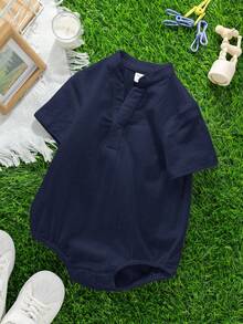 SHEIN Baby Boy/Girl Casual Daily Wear Mandarin Collar Snap-Up Romper, Suitable For Spring/Summer Indoor & Outdoor - Navy Blue - View 4